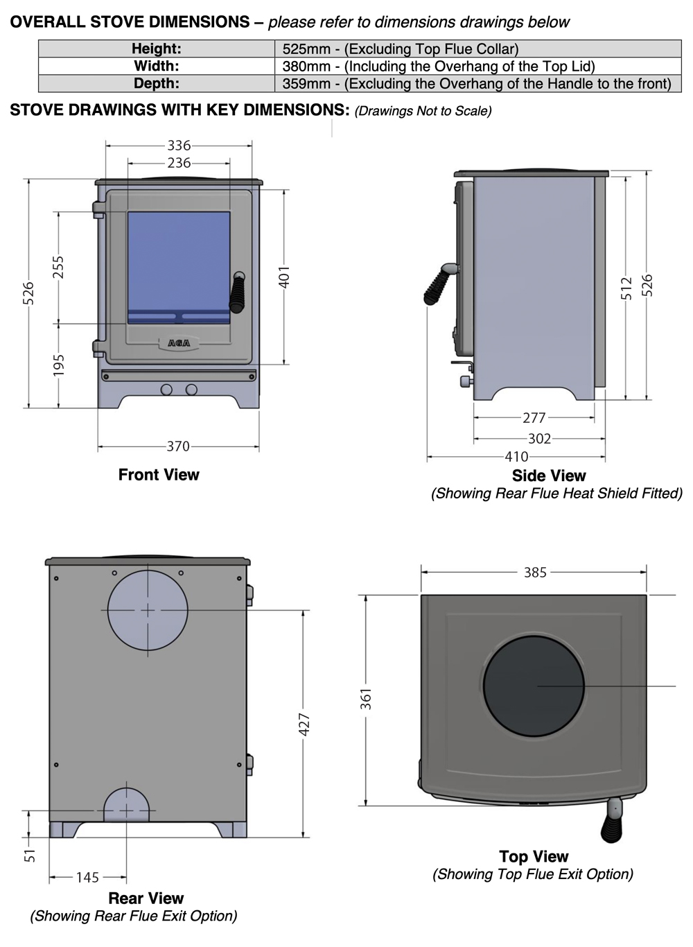 AGA Little Wenlock EC4 Stove Sizes