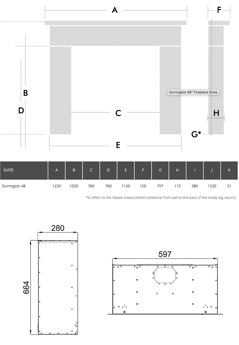 Adore 600 HE Gas FIre in Durrington Suite SIzes