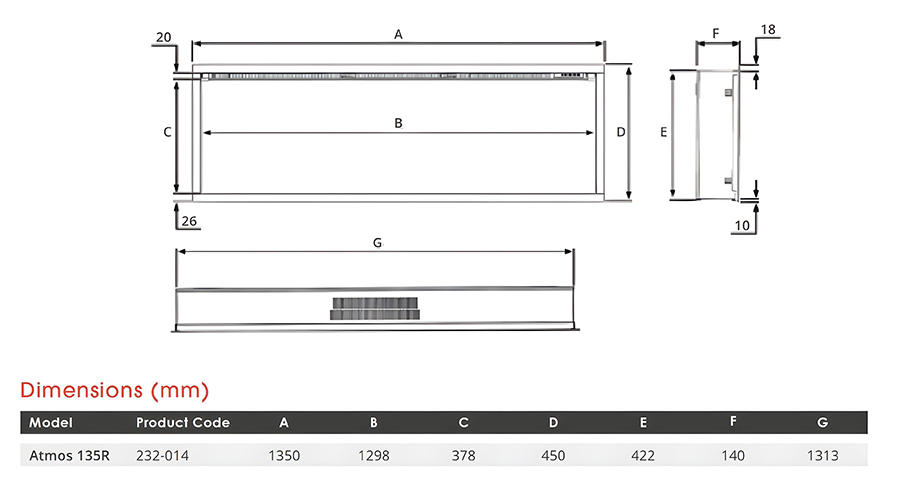 Atmos 135R Electric Fire Dimensions