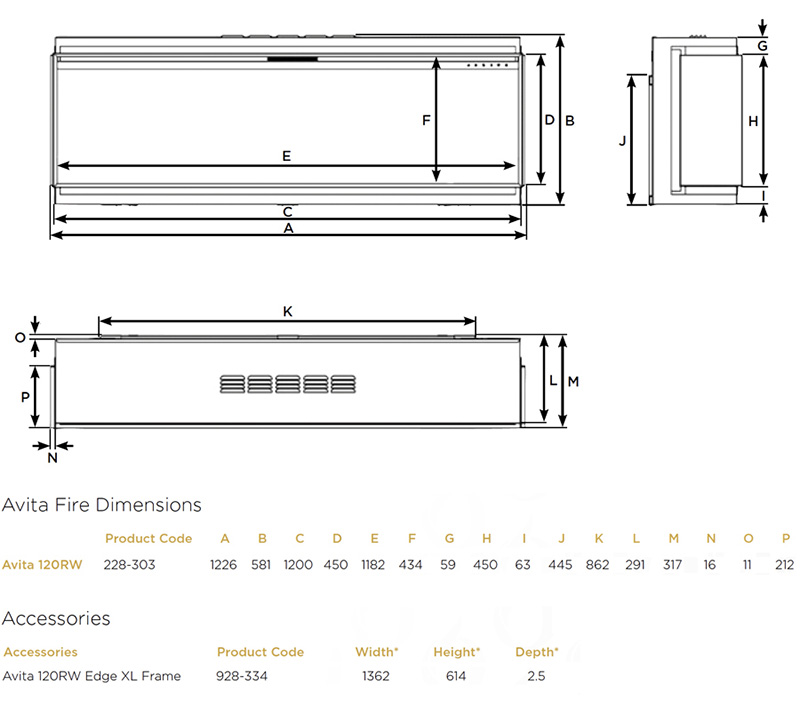 Avita 120RW Dimensions - Onyx Fires
