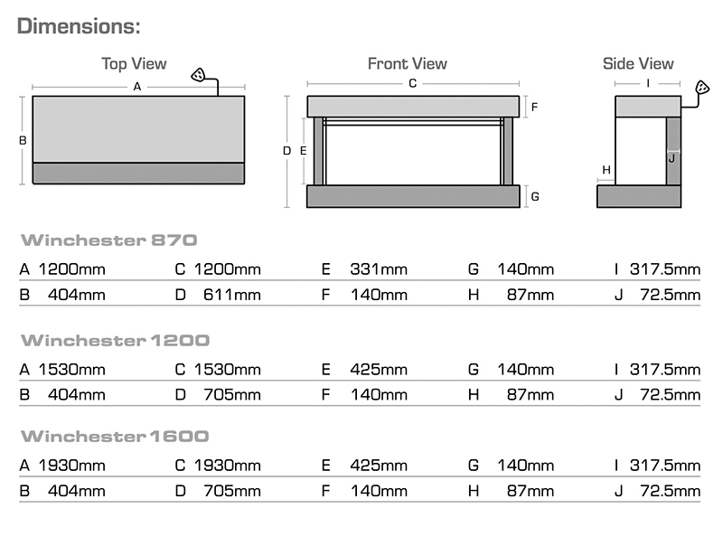 British Fires Winchester Suite Sizes