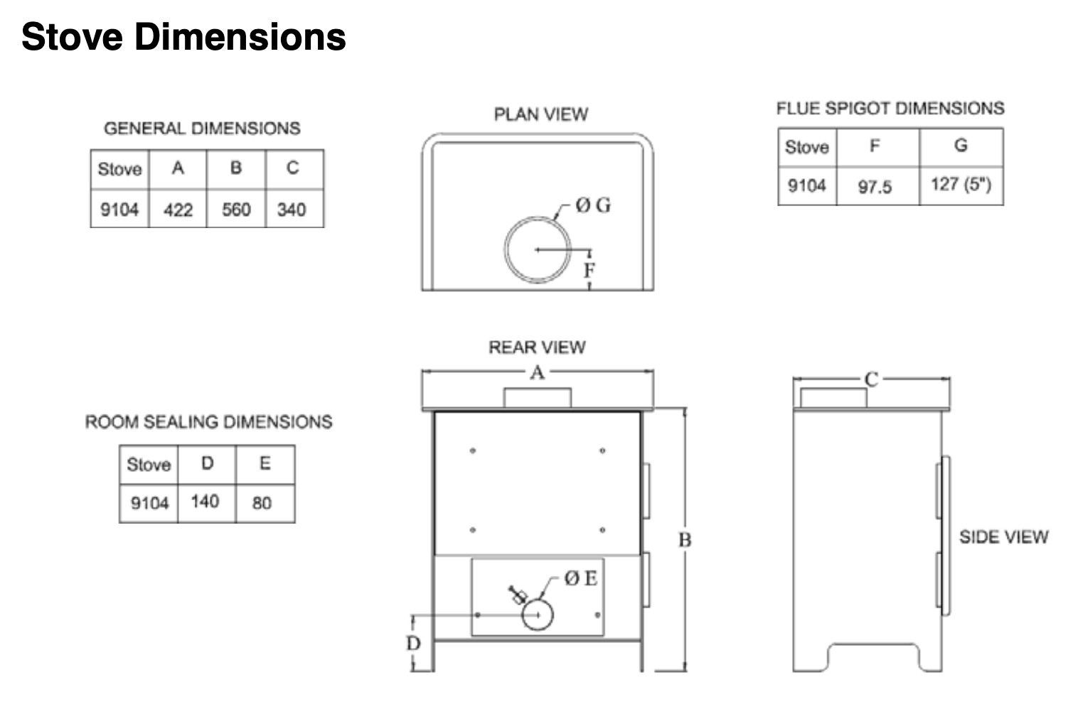 Burley Debdale 9104-C Stove Sizes