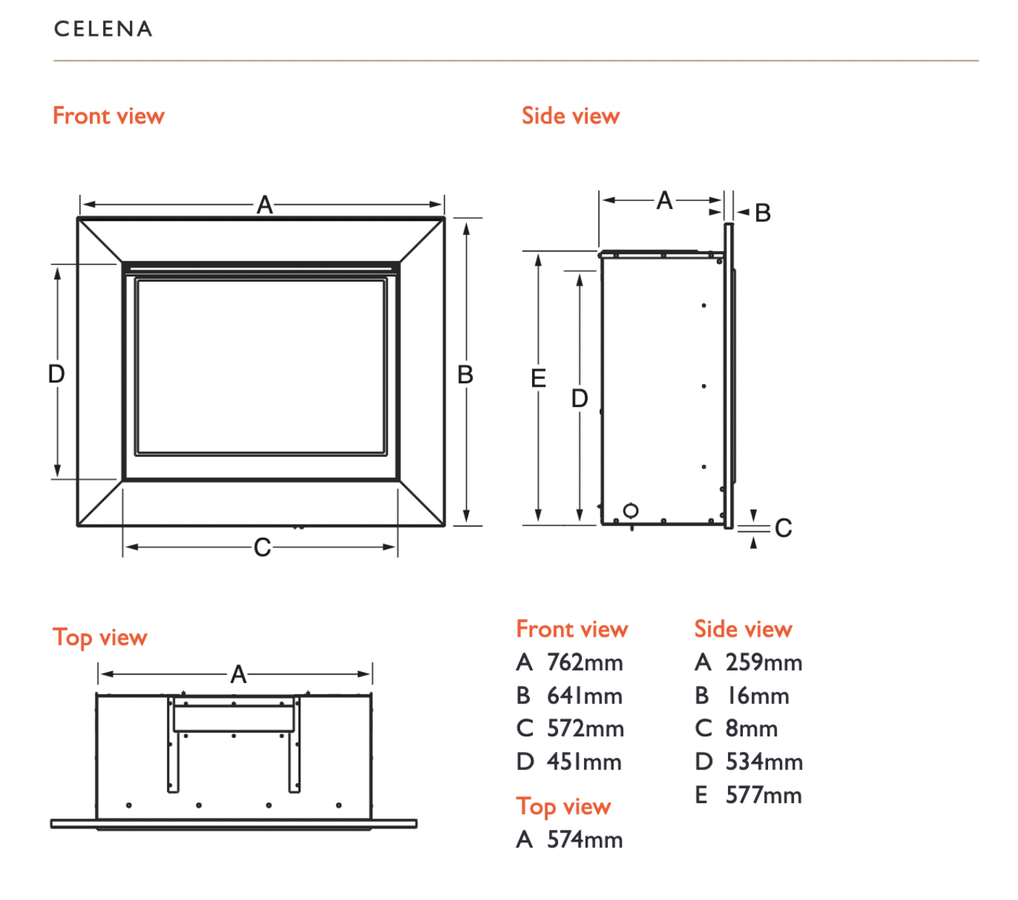 Celena HE Gas Fire Sizes