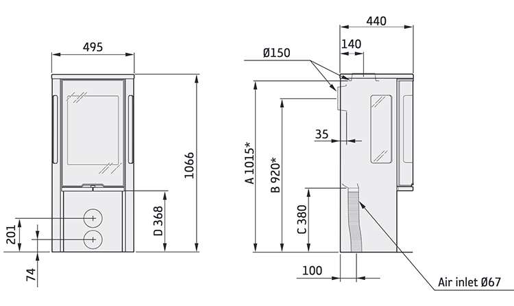 Contura 556 Style Stove Dimensions