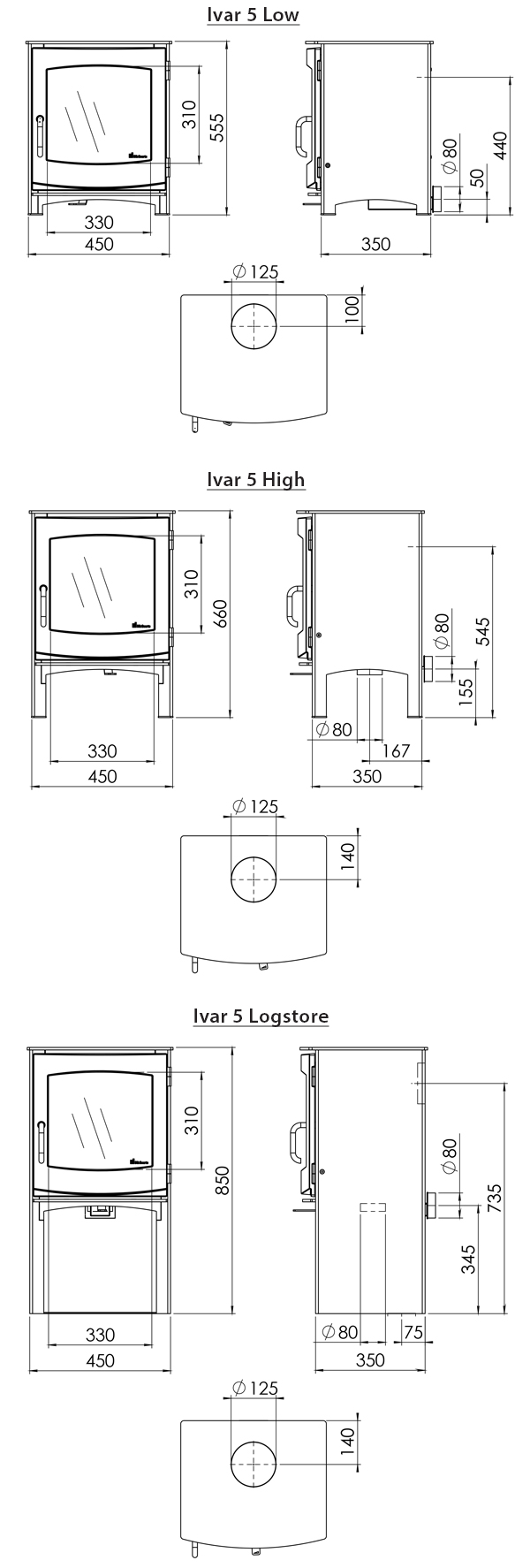 DG Fires Ivar Wood Burning / Multi-Fuel Stove Sizes