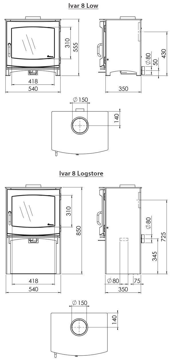 DG Fires Ivar 8 Wood Burning / Multi-Fuel Stove Sizes