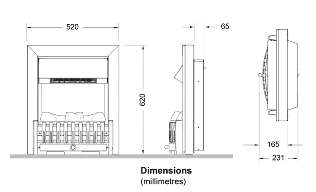 Dimplex Danville OptiMyst Electric Fire Sizes