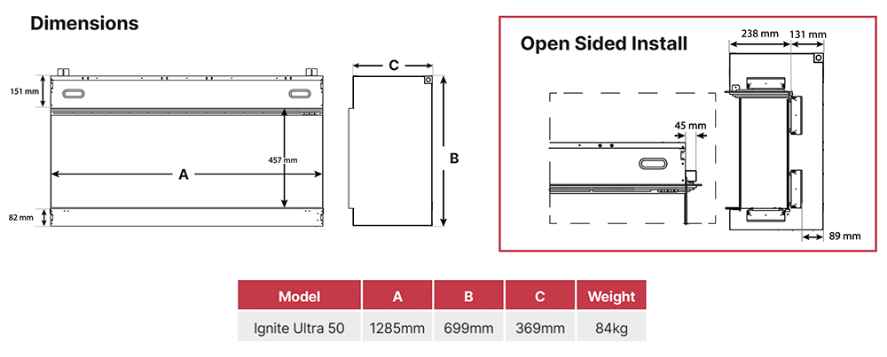 Ignite Ultra 50 Electric Fire Sizes