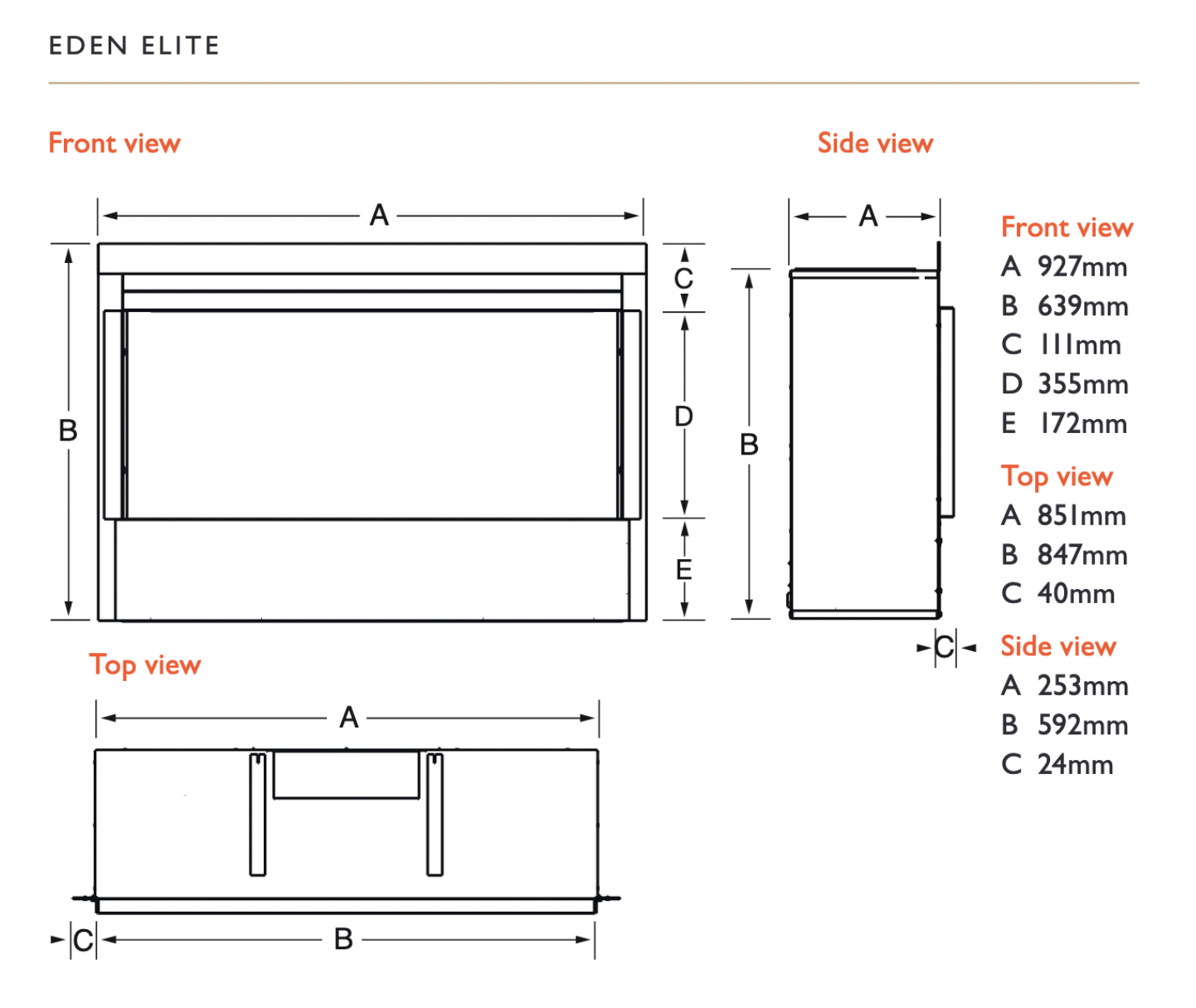 Eden Elite Mk2 Gas Fire Sizes