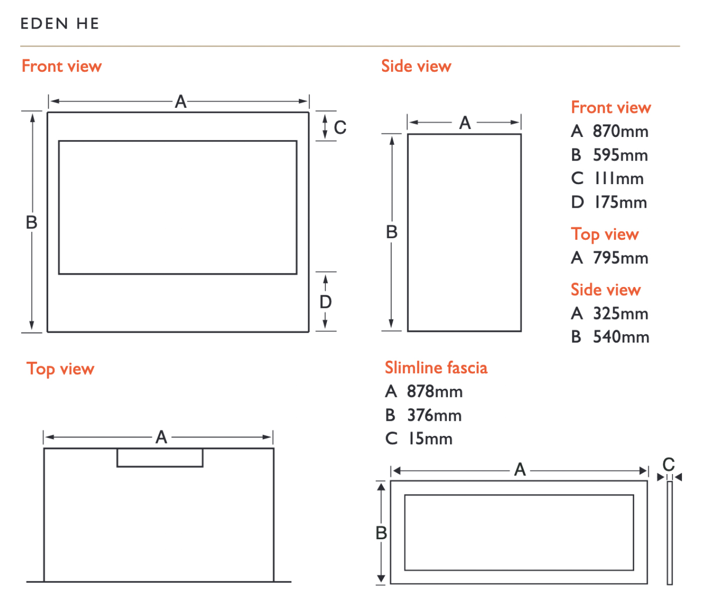 Eden HE High Efficiency Gas Fire Sizes