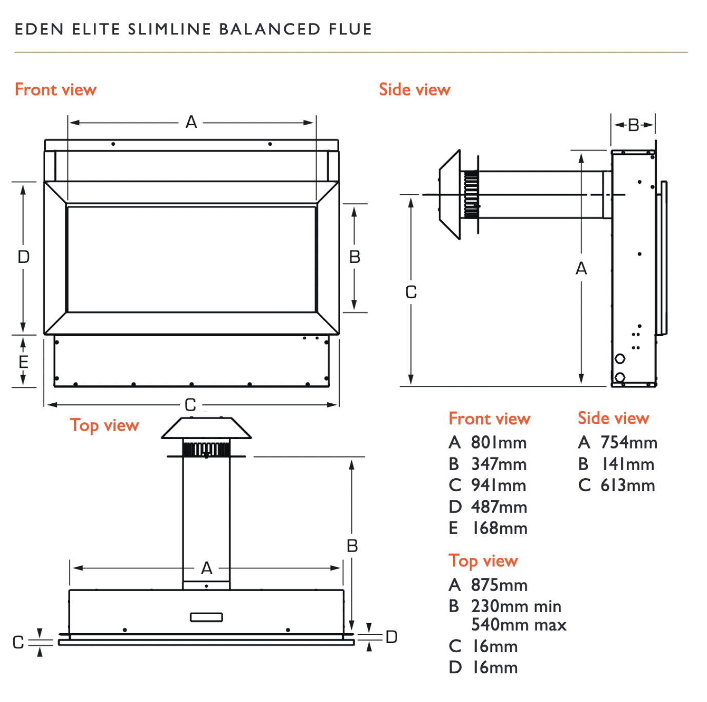 Eden Elite Slimline Balanced Flue Sizes
