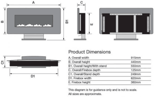 Eko Fires 1120 LED Wall Mounted Electric Fire Sizes