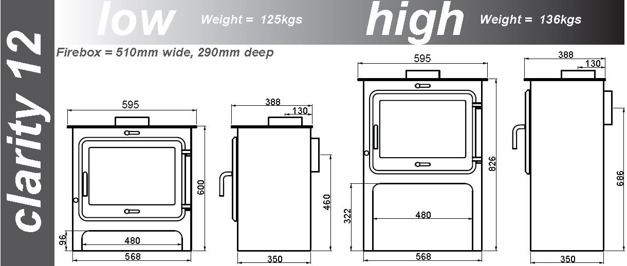 Ekol Clarity 12 Multi-Fuel Stove Sizes