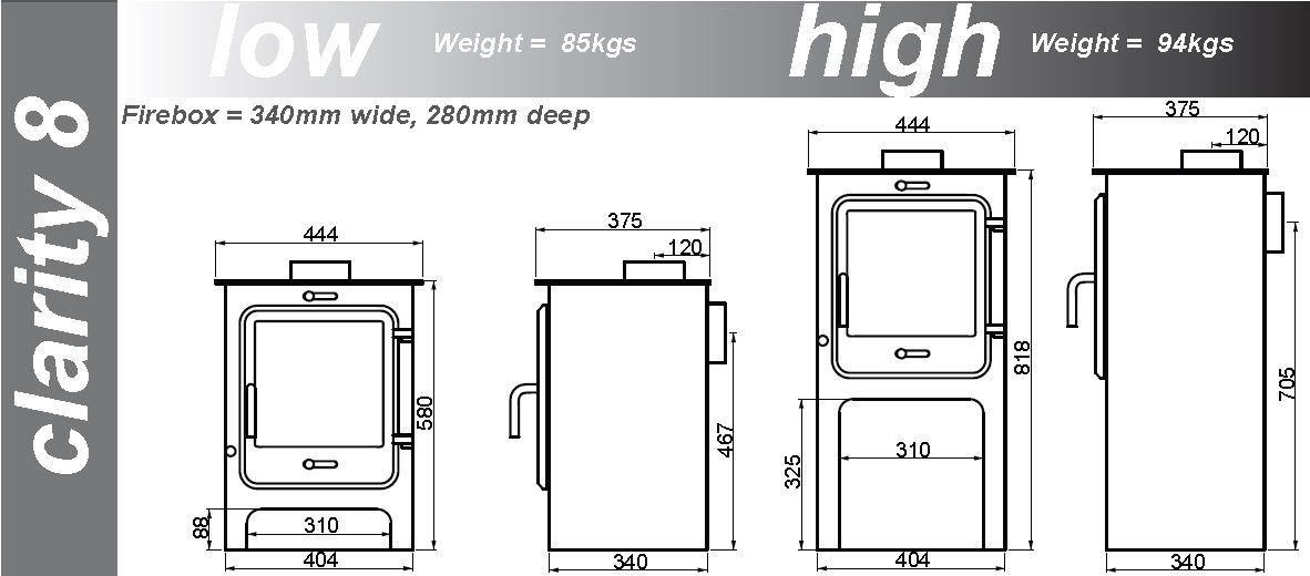 Ekol Clarity 8 Multi-Fuel Stove Sizes