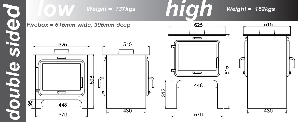 Ekol Clarity Double Sided Multi-Fuel Stove Sizes