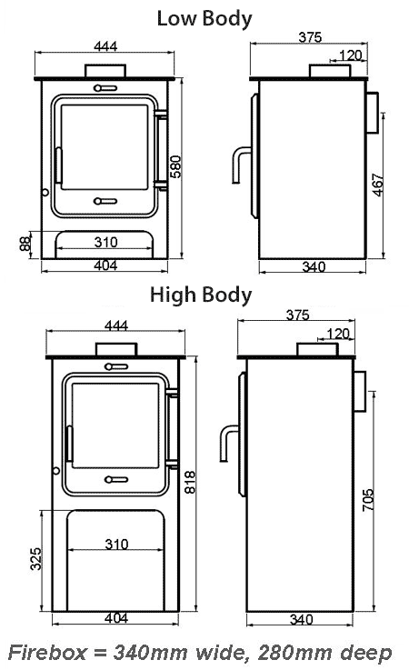 Ekol Clarity 8 Multi-Fuel Stove Sizes