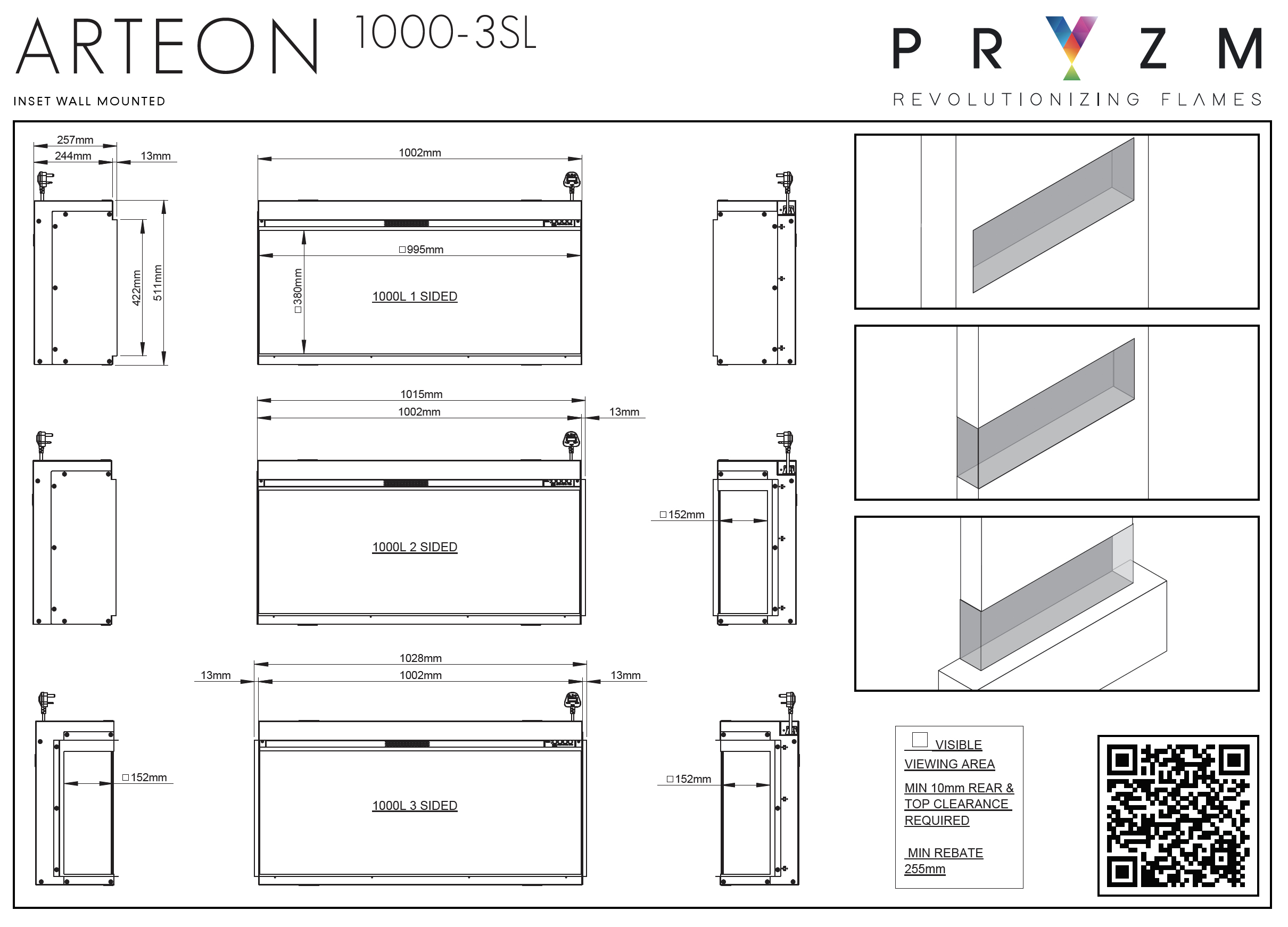 Arteon 1000 3 sided electric fire sizes