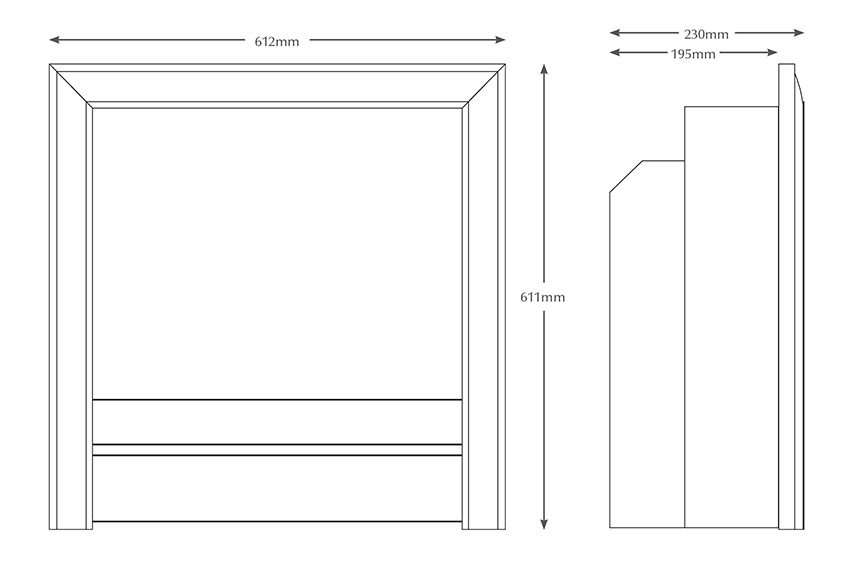 Calleos 22" Gas Fire with Chollerton fascia Dimensions
