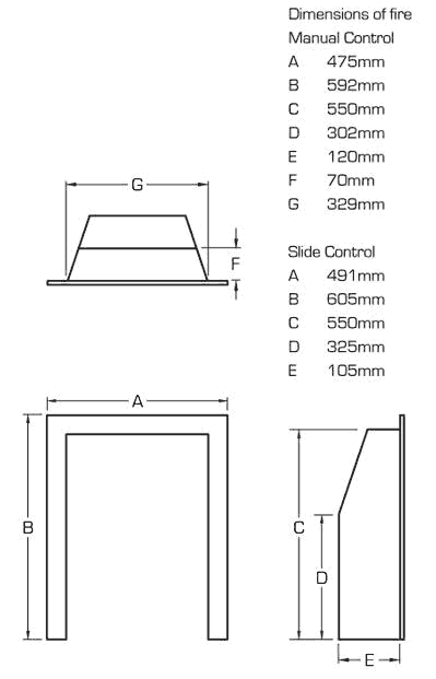 Flavel Caress Slimline Gas Fire Sizes