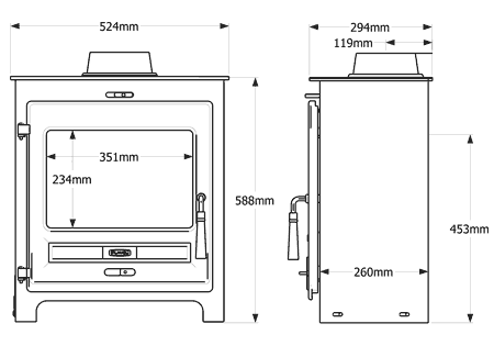 Flavel SQ07 Multi-Fuel Stove Sizes