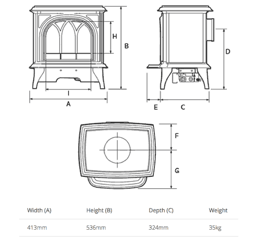 Gazco Huntingdon 20 Electric Stove Sizes