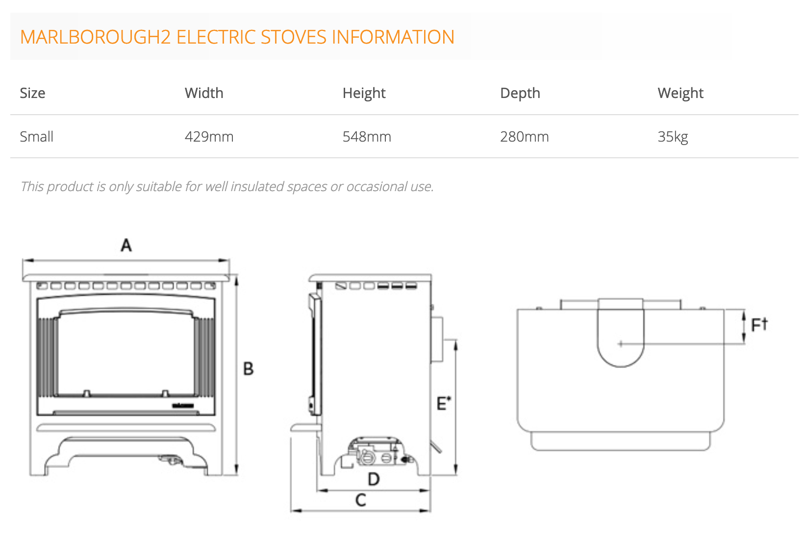 Gazco Marlborough2 Small Electric Stove Sizes