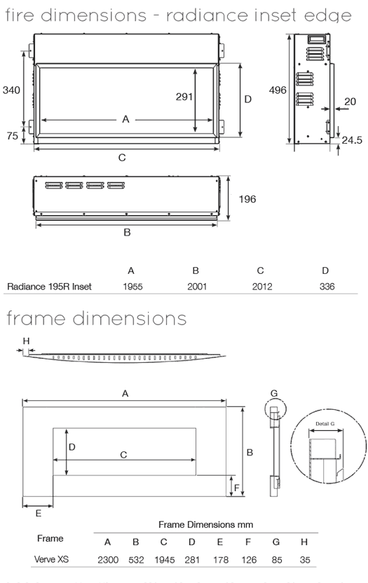 Gazco Radiance Inset 195R Electric Fire Sizes