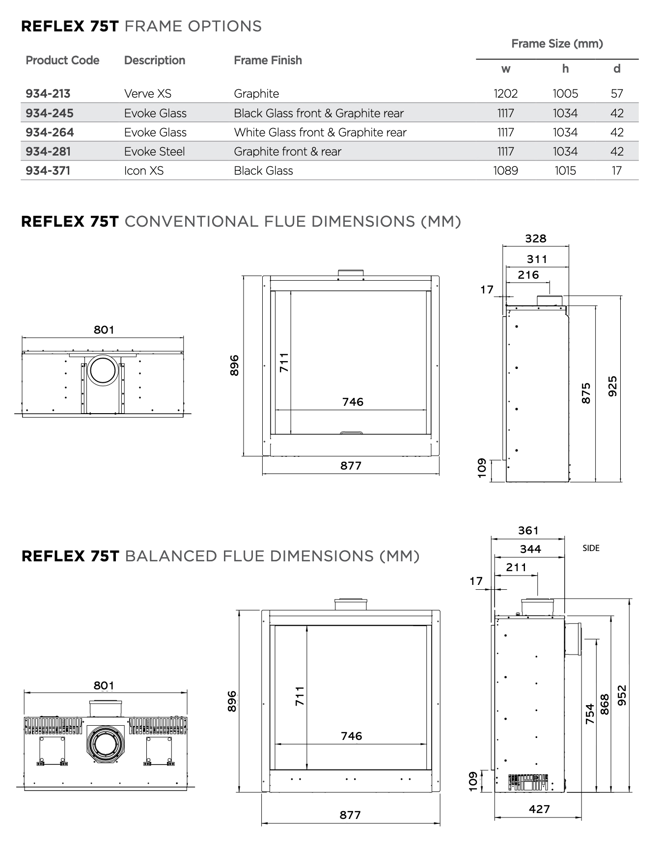 Gazco Reflex 75T Gas Fire Sizes