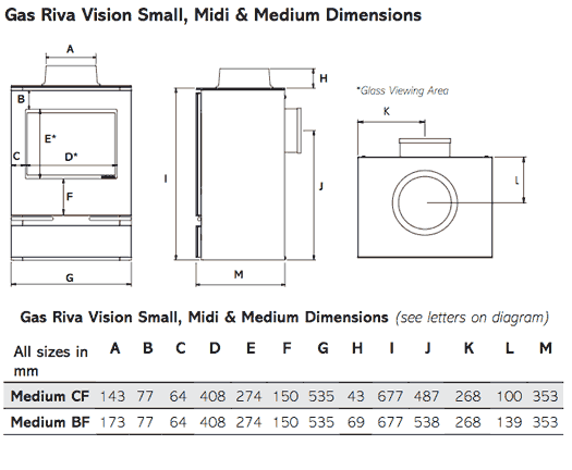 Gazco Riva Vision Medium Gas Stove SIzes