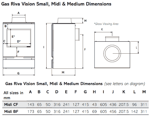 Gazco Riva Vision Midi Gas Stove Sizes