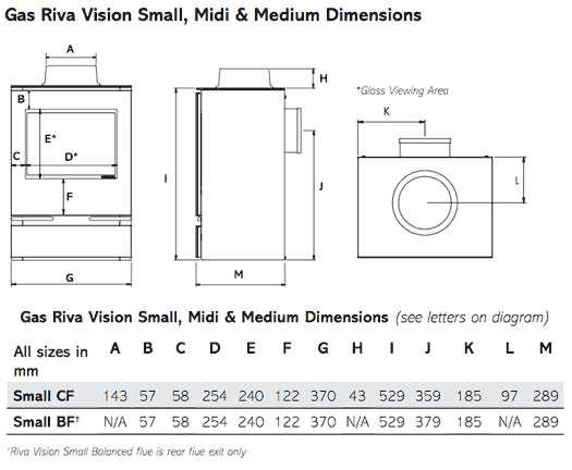 Gazco Riva Vision Small Gas Stove Sizes