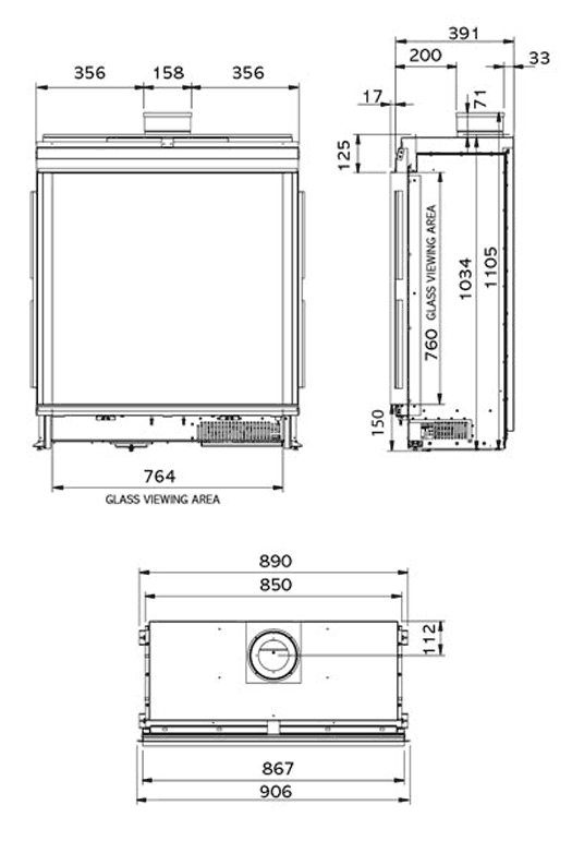 Gazco Riva2 800 Edge Balanced Flue Gas Fire Dimensions