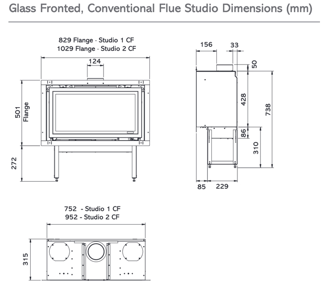 Gazco Studio Glass Fronted Conventional Flue Sizes