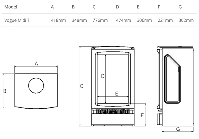 Gazco Vogue Midi T Electric Stove Sizes