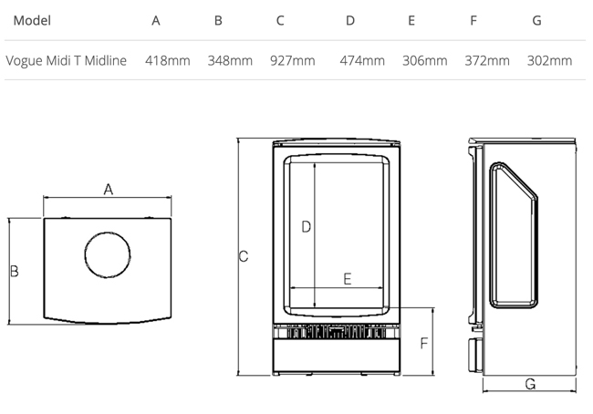 Gazco Vogue Midi T Midline Electric Stove Sizes