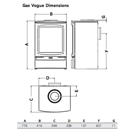 Gazco Vogue Midi T Wall Mounted Sizes