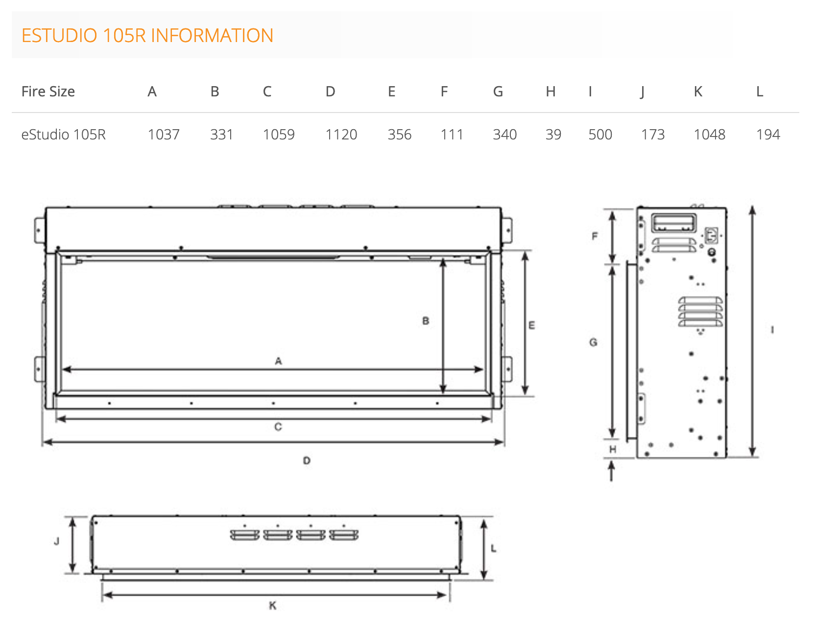 Gazco eStudio 105R Sizes