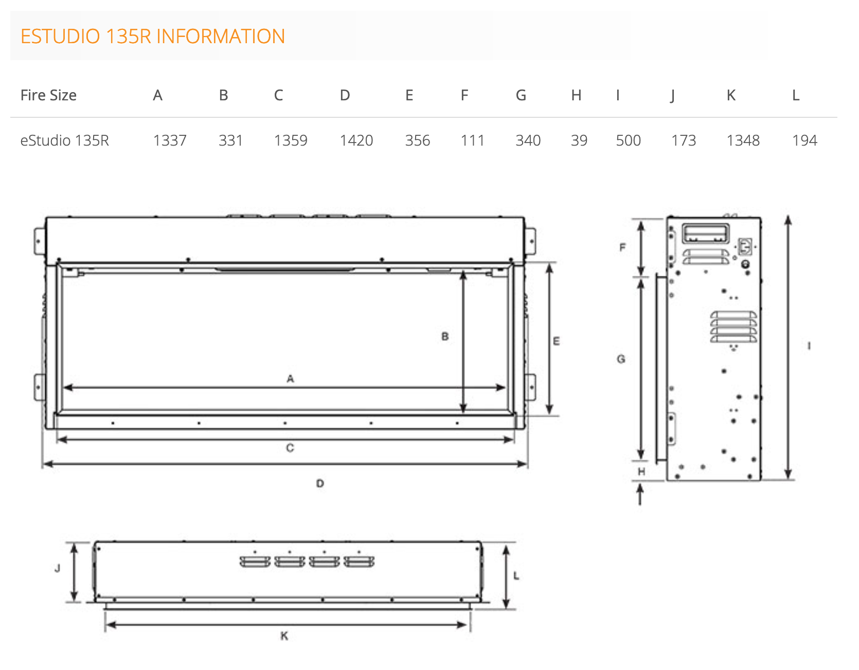 Gazco eStudio 135R Sizes