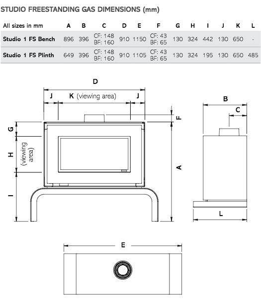 Gazco Studio 1 Freestanding Gas Fire Sizes