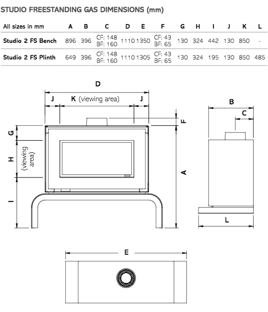 Gazco Studio 2 Freestanding Gas Fire Sizes