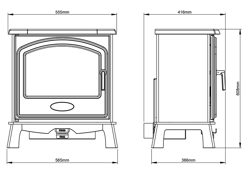 Hereford 5 Widescreen Multifuel Stove Dimensions