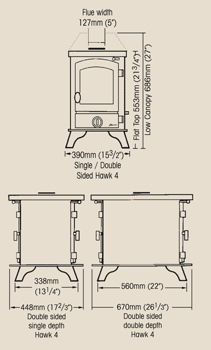 Hunter Hawk 4 Double Sided Multi-Fuel Stove Sizes