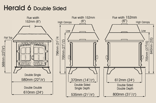 Hunter Herald 6 Double Sided Multi-Fuel Stove Sizes