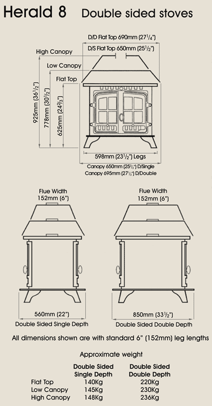 Hunter Herald 8 Double Sided Multi-Fuel Stove Sizes