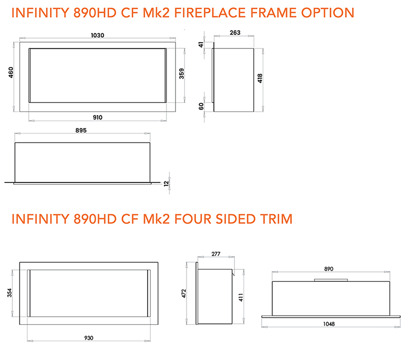 Infinity 890HE Mk2 Gas Fire Sizes