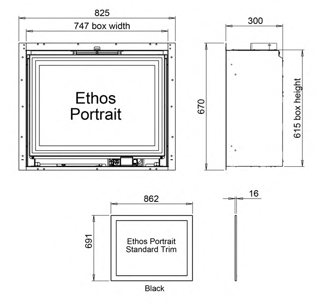 Legend Ethos 750 Portrait Gas Fire Sizes