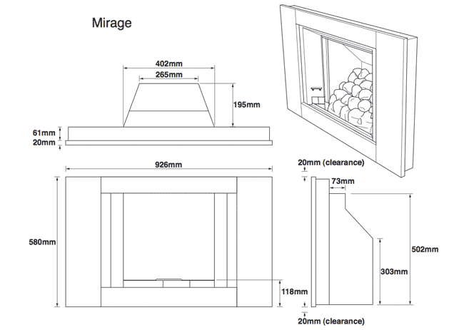 Legend Fires Mirage Hole-In-The-Wall Gas Fire Sizes