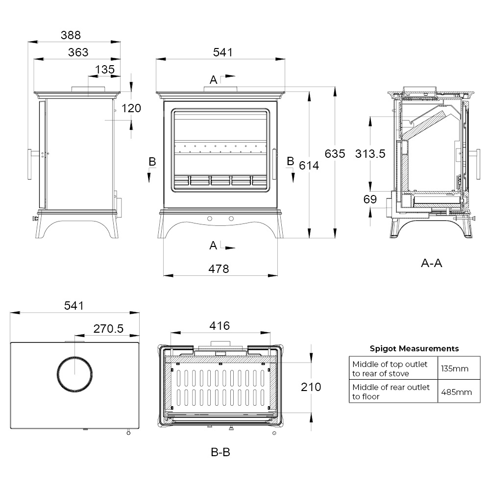 Mi-Fires Chatsworth Large Multifuel Stove Dimensions
