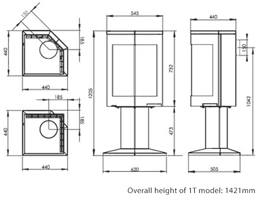 Nordpeis Quadro 1 & 1T Woodburning Stove Sizes