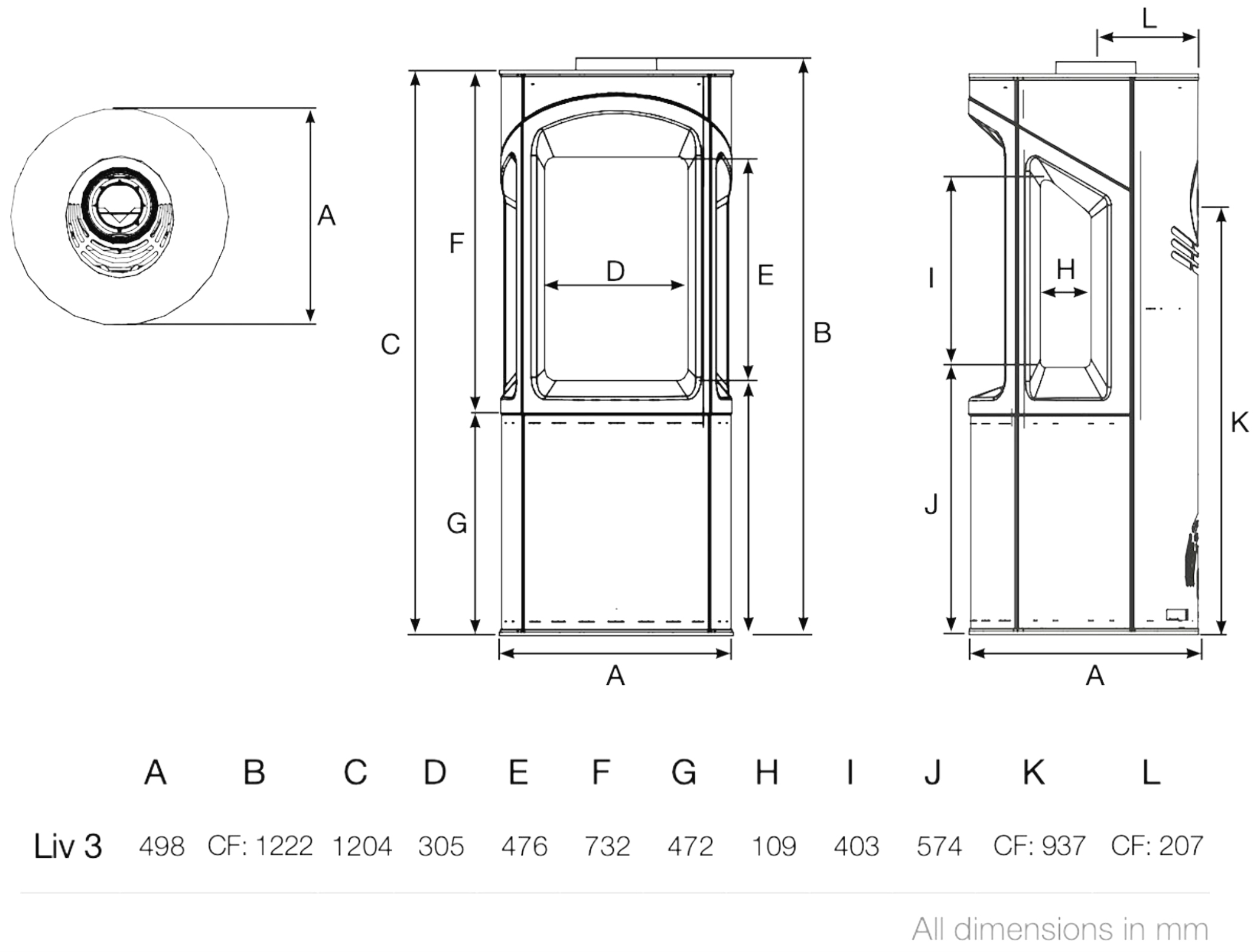 Onyx Liv 3 Gas Stove - Conventional Flue Sizes